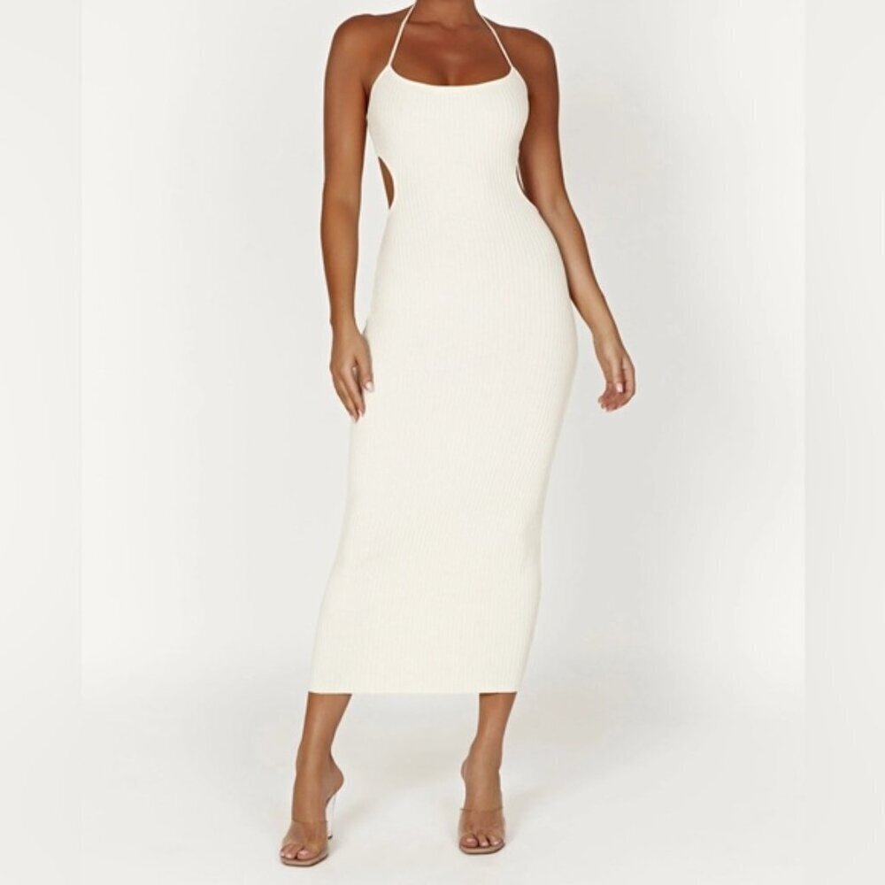 NWT Meshki Morgan Halter ribbed knit bodycon midi dress Sz XS